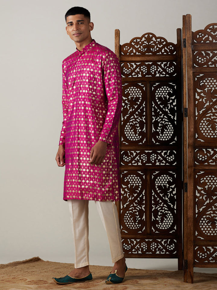 VASTRAMAY Men's Dark Pink Foil Printed Kurta With Cream Pant Style Pyjama Set