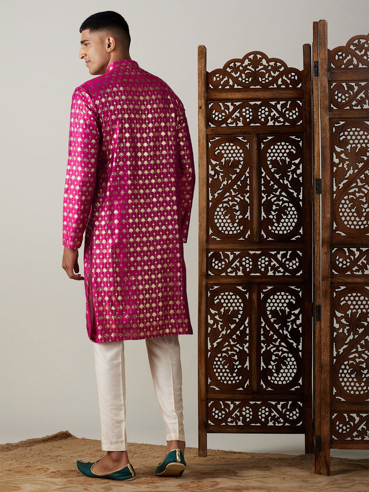 VASTRAMAY Men's Dark Pink Foil Printed Kurta With Cream Pant Style Pyjama Set