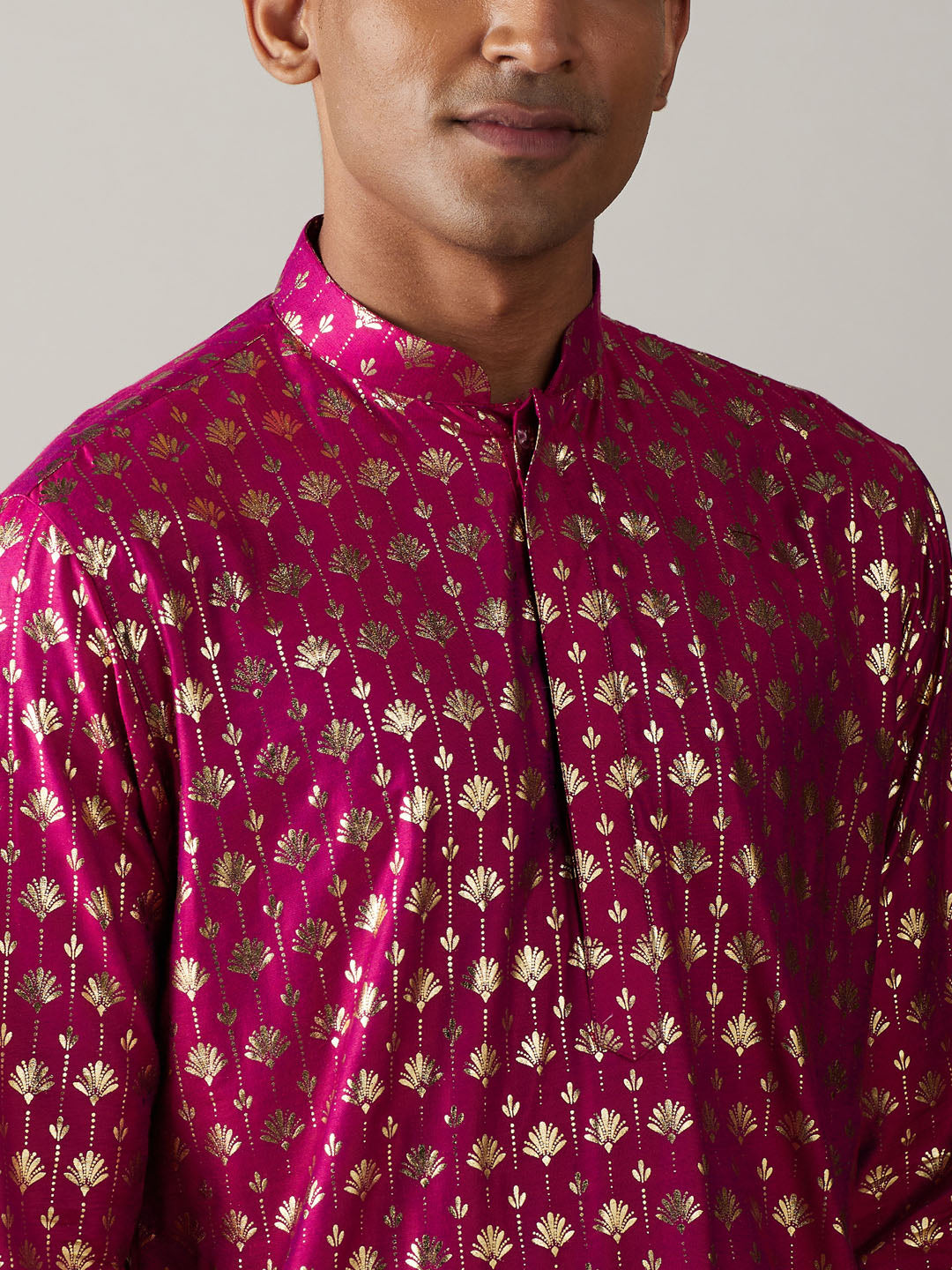 VASTRAMAY Men's Dark Pink Foil Printed Kurta With Cream Pant Style Pyjama Set