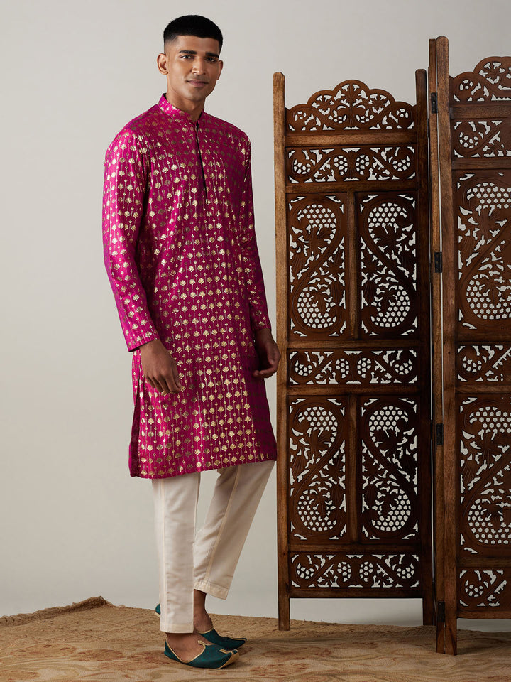 VASTRAMAY Men's Dark Pink Foil Printed Kurta With Cream Pant Style Pyjama Set