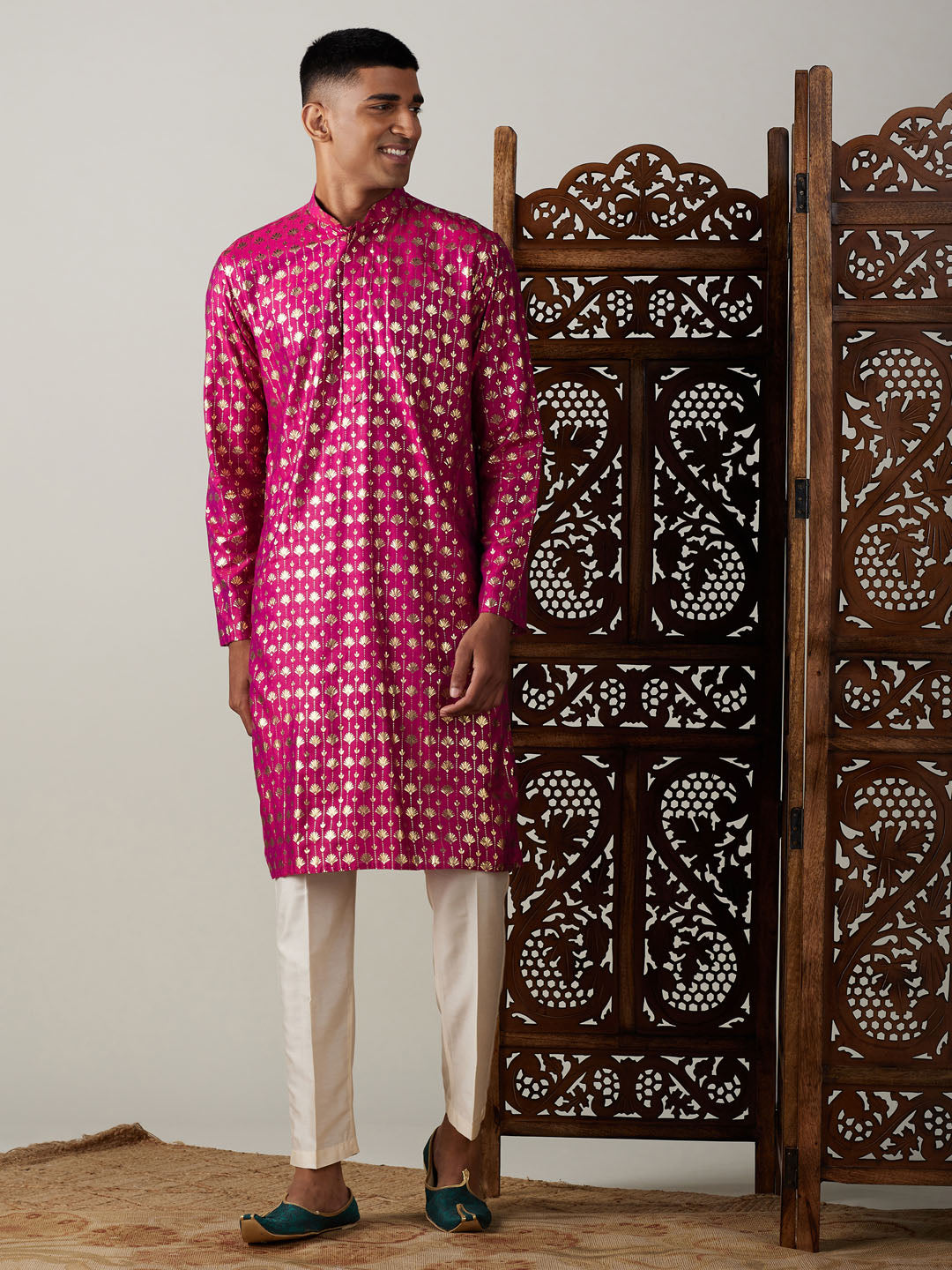 VASTRAMAY Men's Dark Pink Foil Printed Kurta With Cream Pant Style Pyjama Set