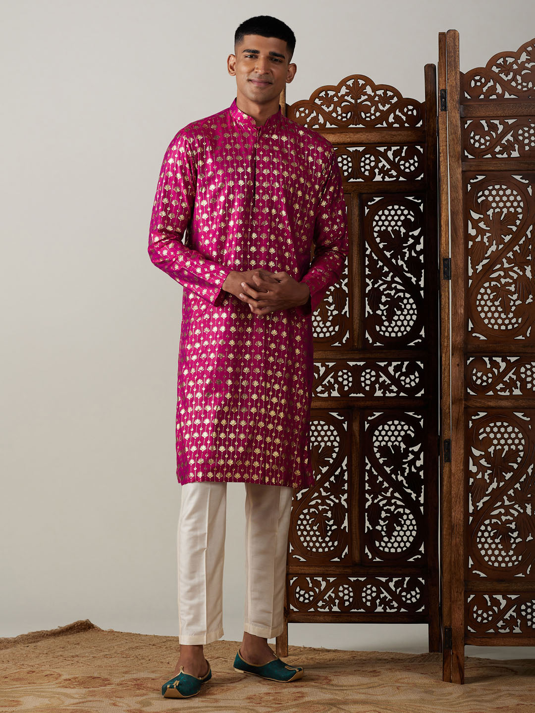 VASTRAMAY Men's Dark Pink Foil Printed Kurta With Cream Pant Style Pyjama Set