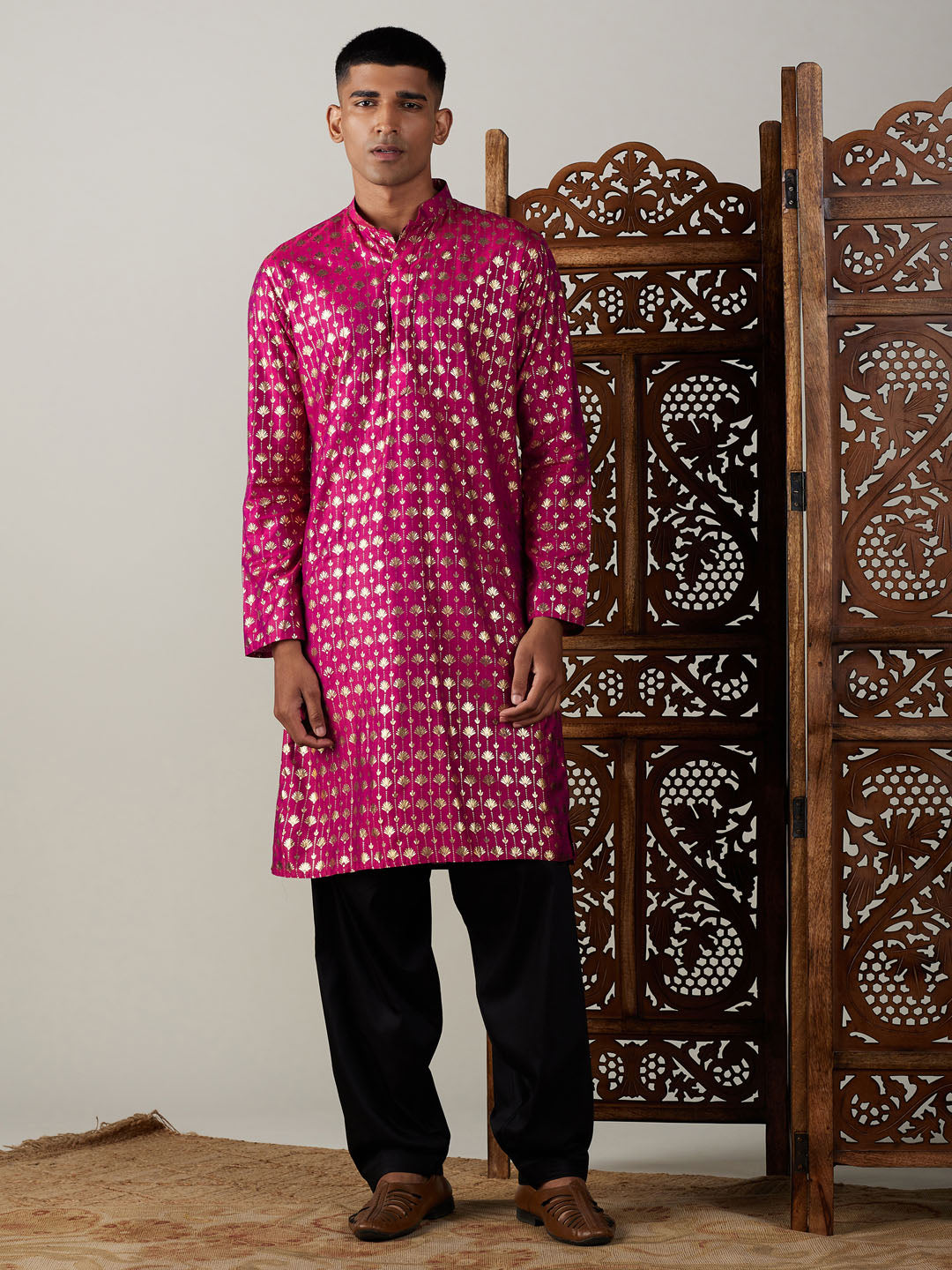 VASTRAMAY men's dark pink foil printed kurta with black Patiala set, traditional Indian ethnic wear for festive occasions and special events