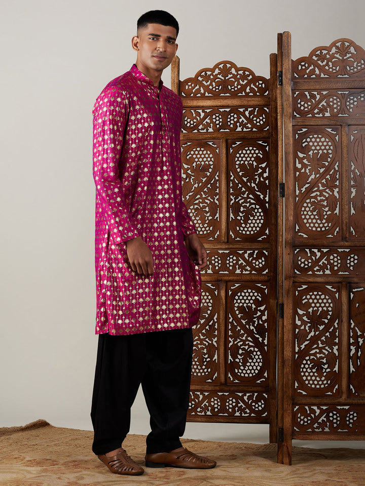 VASTRAMAY Men's Dark Pink Foil Printed Kurta With Black Patiala Set, traditional Indian outfit for special occasions and festivities