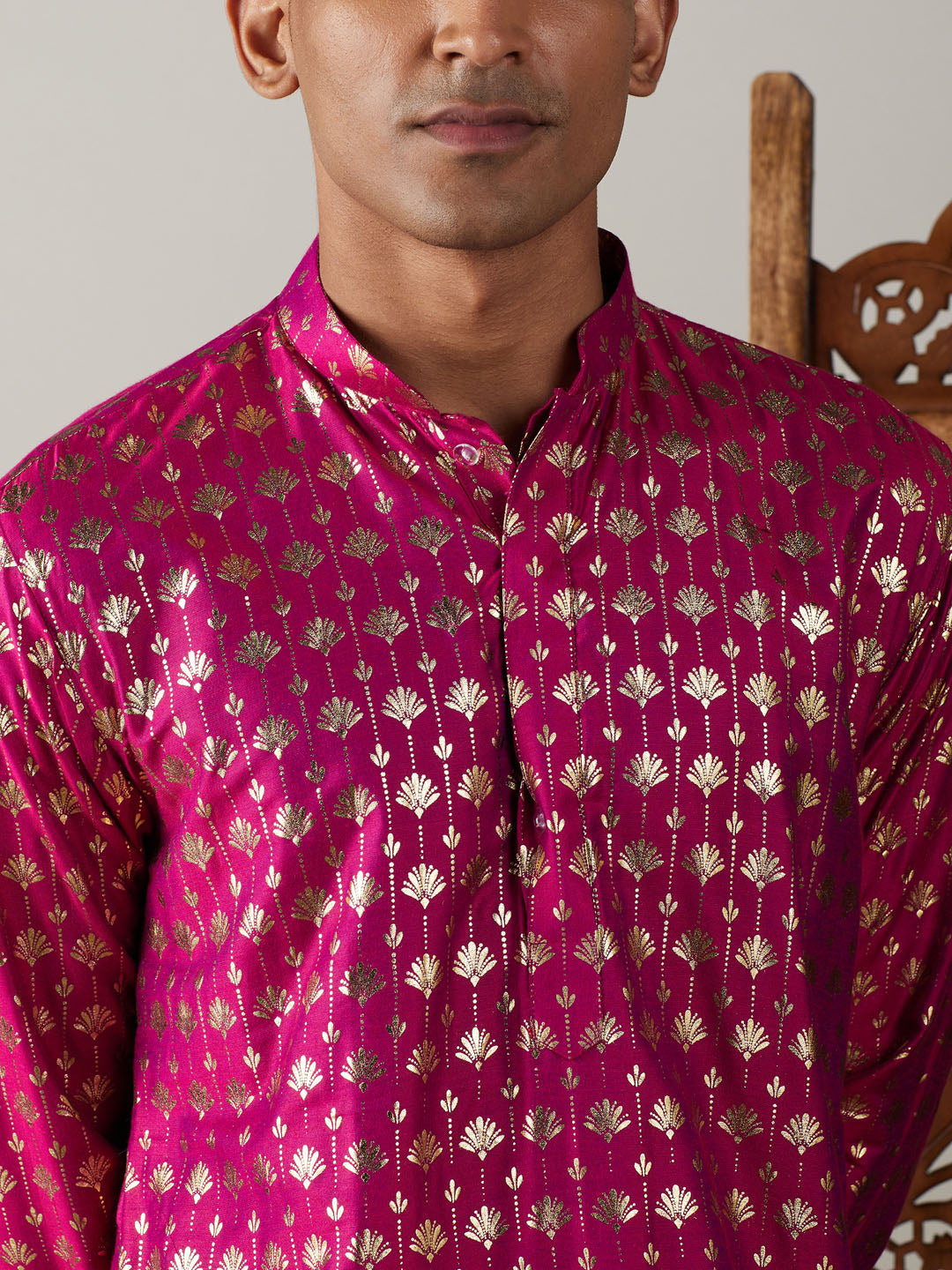 VASTRAMAY Men's Dark Pink Foil Printed Kurta With Black Patiala Set, traditional Indian ethnic wear for men, featuring intricate foil print design