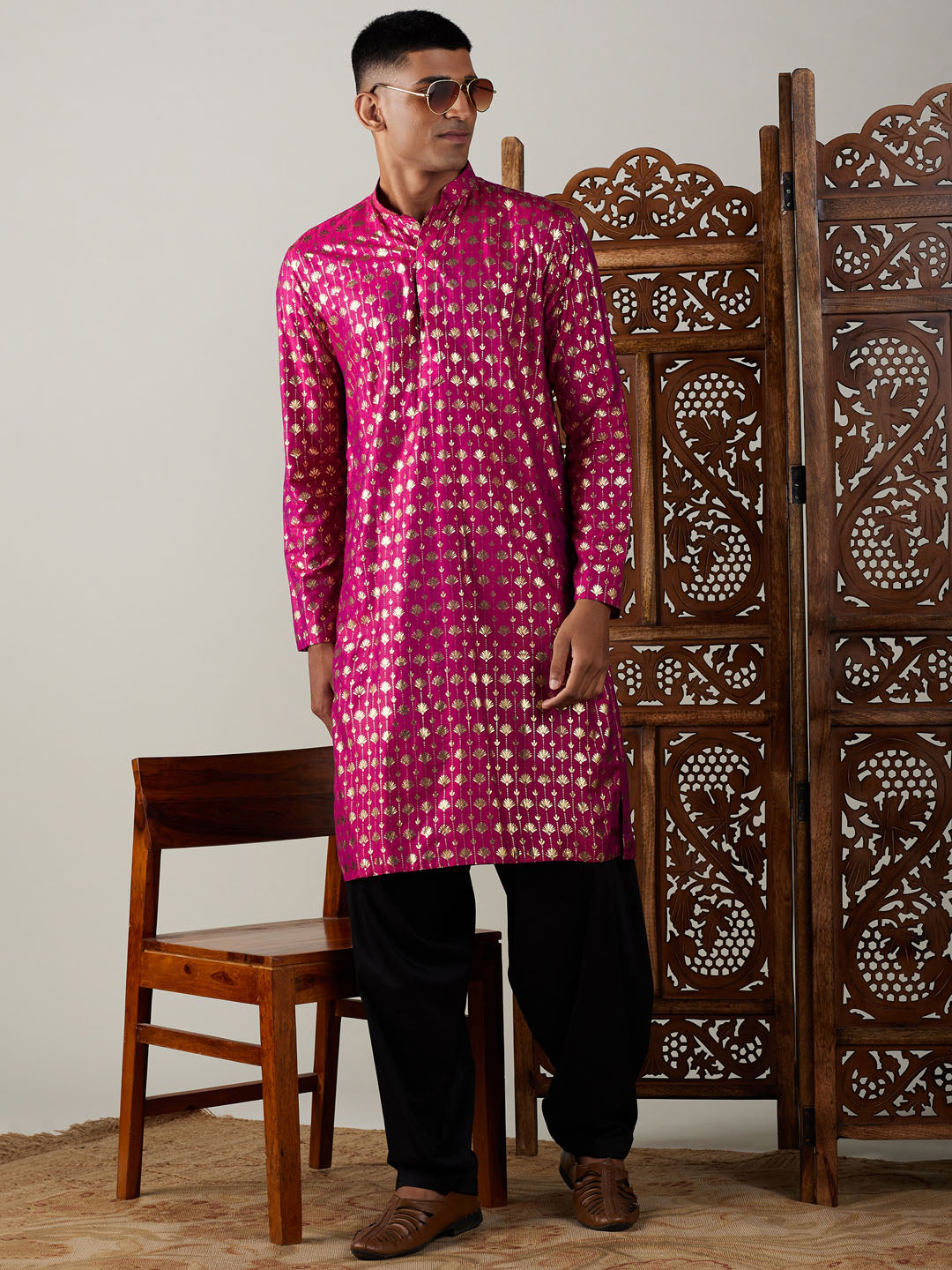 VASTRAMAY Men's Dark Pink Foil Printed Kurta With Black Patiala Set, traditional Indian menswear ensemble showcasing intricate foil print details in dark pink and black