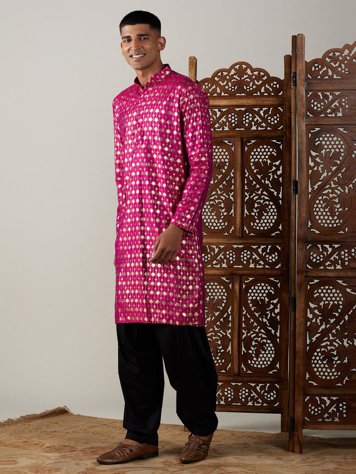 VASTRAMAY Men's Dark Pink Foil Printed Kurta With Black Patiala Set, traditional Indian outfit for men, features intricate foil printing and comfortable Patiala bottoms