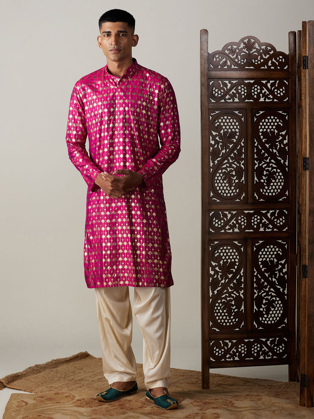 VASTRAMAY Men's Dark Pink Foil Printed Kurta With Cream Patiala Set