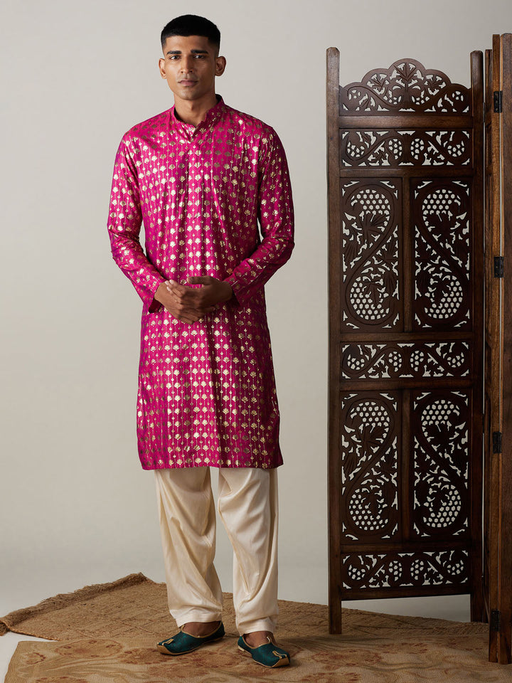 VASTRAMAY Men's Dark Pink Foil Printed Kurta With Cream Patiala Set, perfect for festive occasions and traditional events