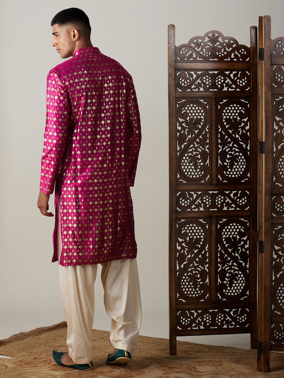 VASTRAMAY Men's Dark Pink Foil Printed Kurta With Cream Patiala Set - Traditional Indian men's outfit with intricate foil print design in dark pink and cream color combination