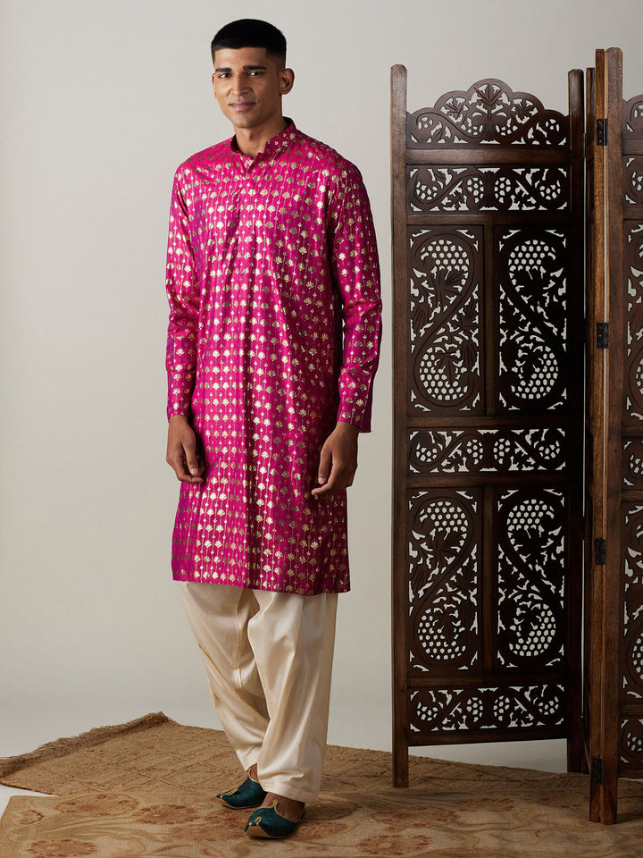 VASTRAMAY Men's Dark Pink Foil Printed Kurta With Cream Patiala Set - Traditional Indian attire with elegant foil print design for special occasions