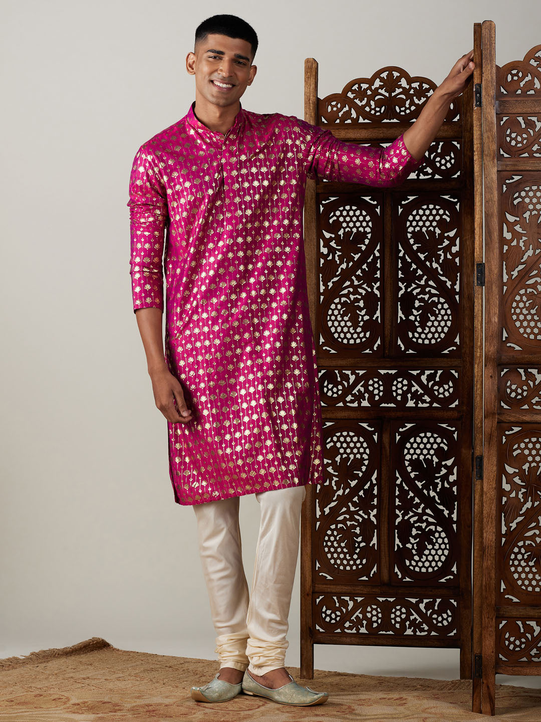 VASTRAMAY Men's Dark Pink Foil Printed Kurta With Cream Pyjama Set, traditional Indian men's clothing with intricate gold foil print design