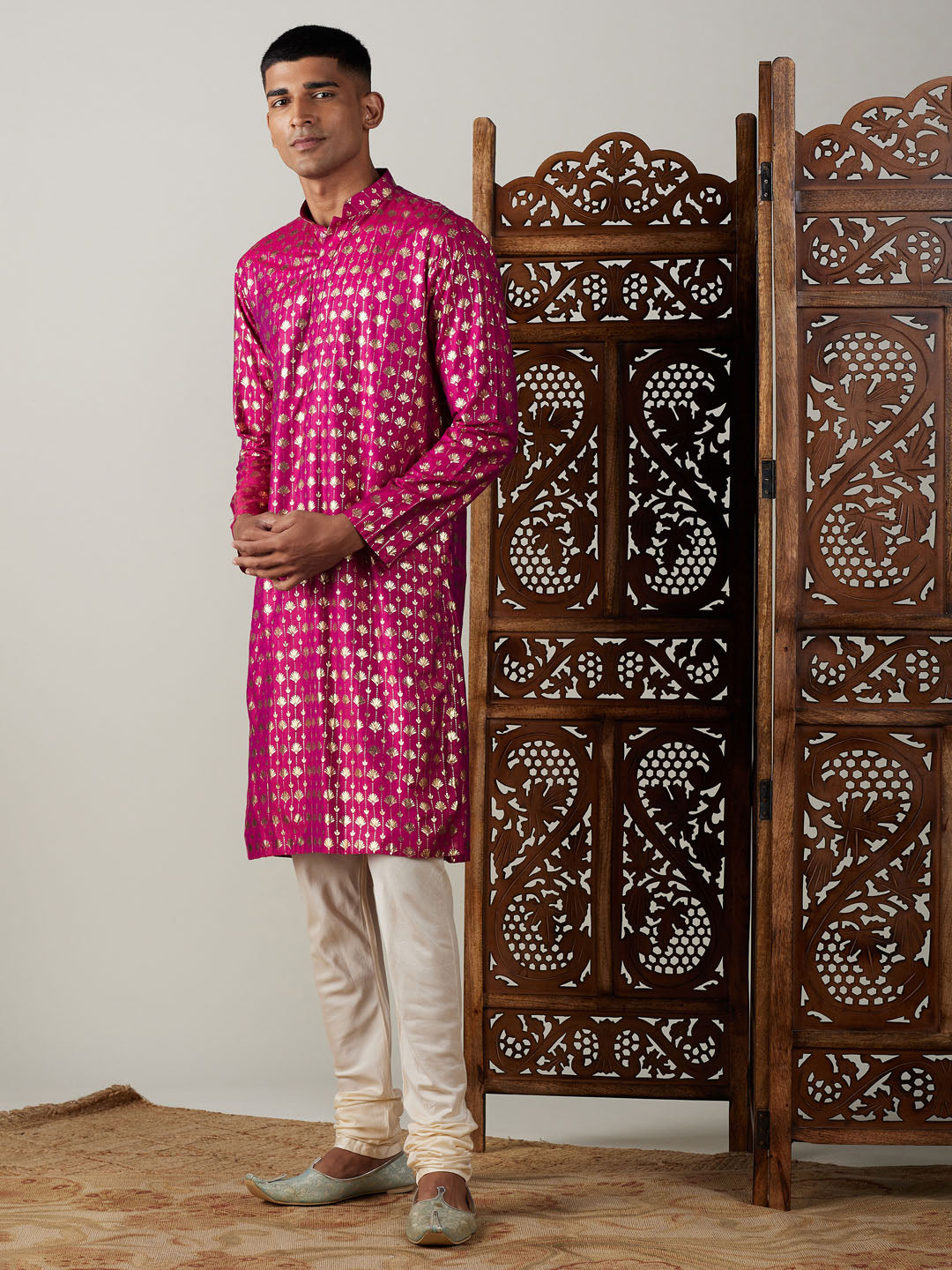 VASTRAMAY Men's Dark Pink Foil Printed Kurta With Cream Pyjama Set, traditional Indian attire