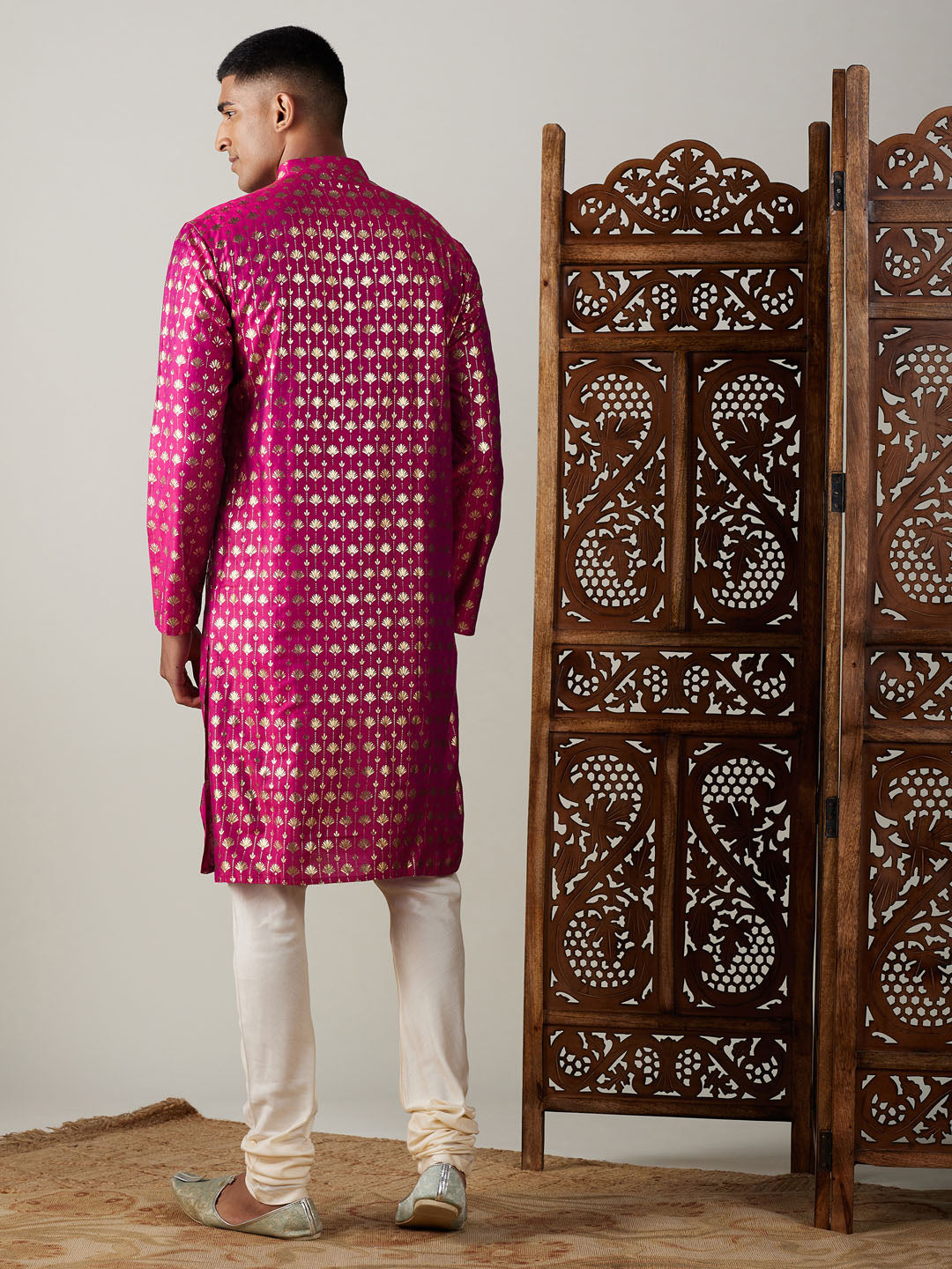 VASTRAMAY Men's Dark Pink Foil Printed Kurta With Cream Pyjama Set, traditional Indian men's clothing with intricate foil print detailing