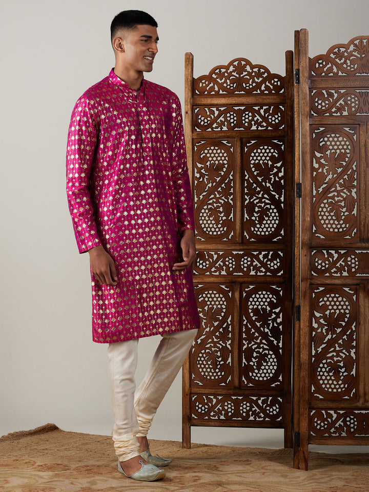 VASTRAMAY Men's Dark Pink Foil Printed Kurta With Cream Pyjama Set - Traditional Indian ethnic wear for men, featuring a stylish dark pink kurta with foil print paired with cream pyjama set