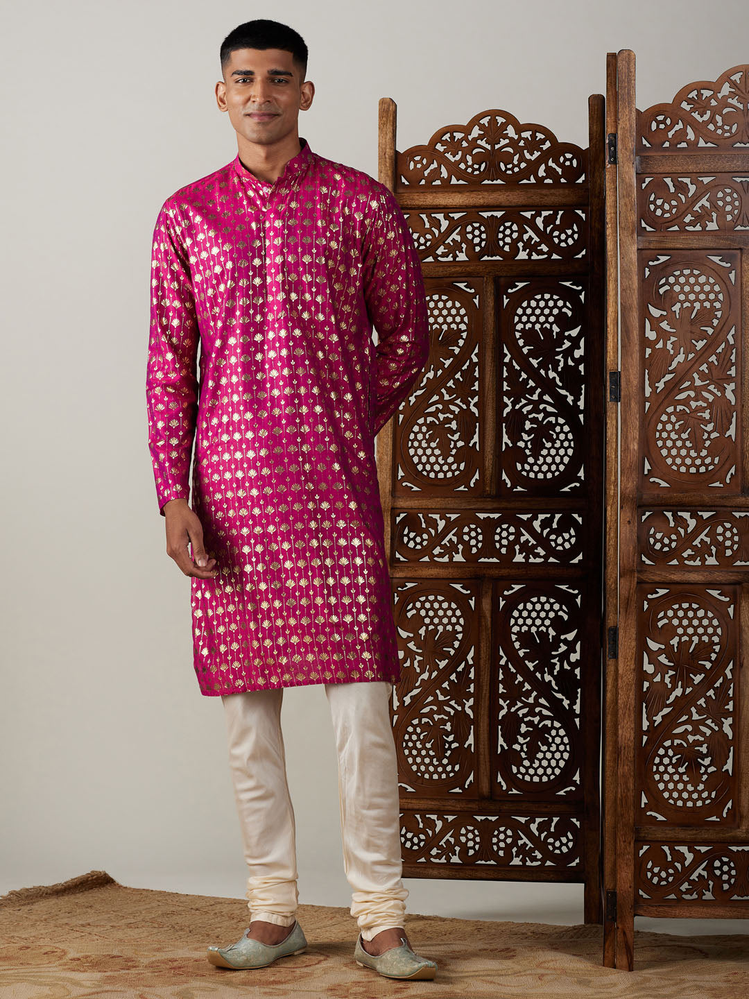 VASTRAMAY Men's Dark Pink Foil Printed Kurta With Cream Pyjama Set - traditional Indian men's clothing with intricate foil print design, perfect for formal occasions or cultural events