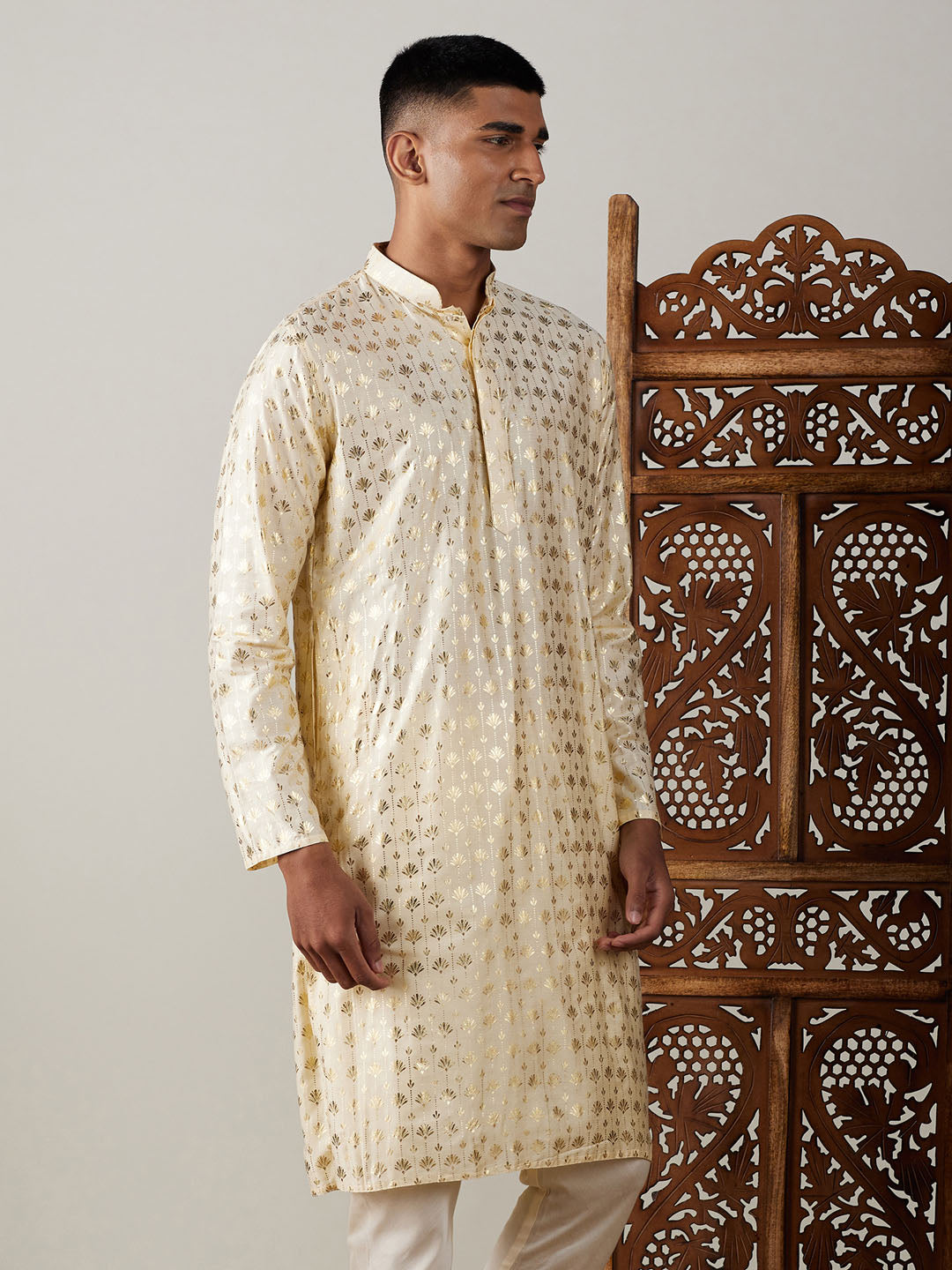 VASTRAMAY Men's Gold Foil Printed Kurta