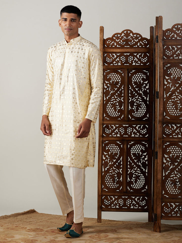 VASTRAMAY Men's Gold Foil Printed Kurta With Cream Pant Style Pyjama Set