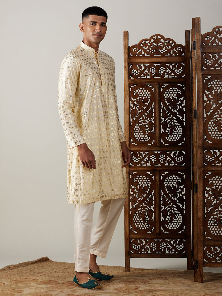 VASTRAMAY Men's Gold Foil Printed Kurta With Cream Pant Style Pyjama Set