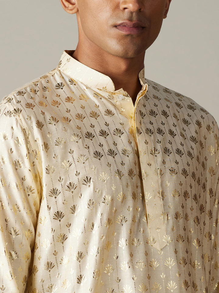 VASTRAMAY Men's Gold Foil Printed Kurta With Cream Pant Style Pyjama Set