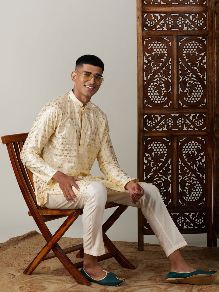 VASTRAMAY Men's Gold Foil Printed Kurta With Cream Pant Style Pyjama Set