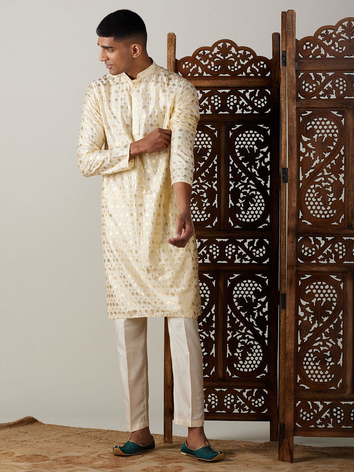 VASTRAMAY Men's Gold Foil Printed Kurta With Cream Pant Style Pyjama Set