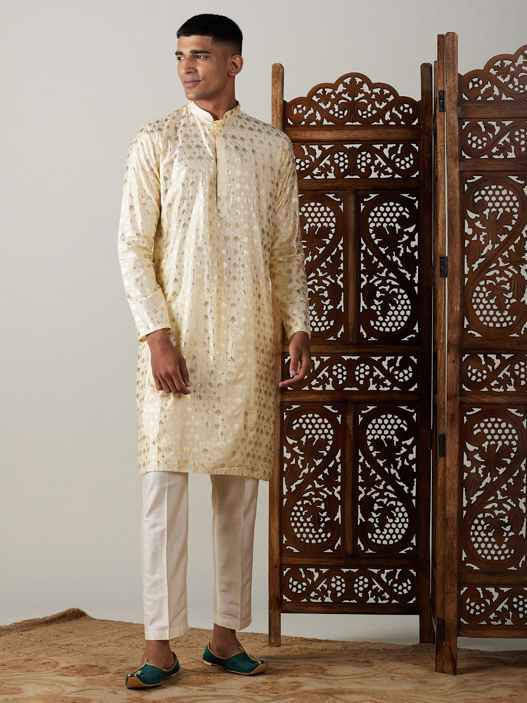 VASTRAMAY Men's Gold Foil Printed Kurta With Cream Pant Style Pyjama Set