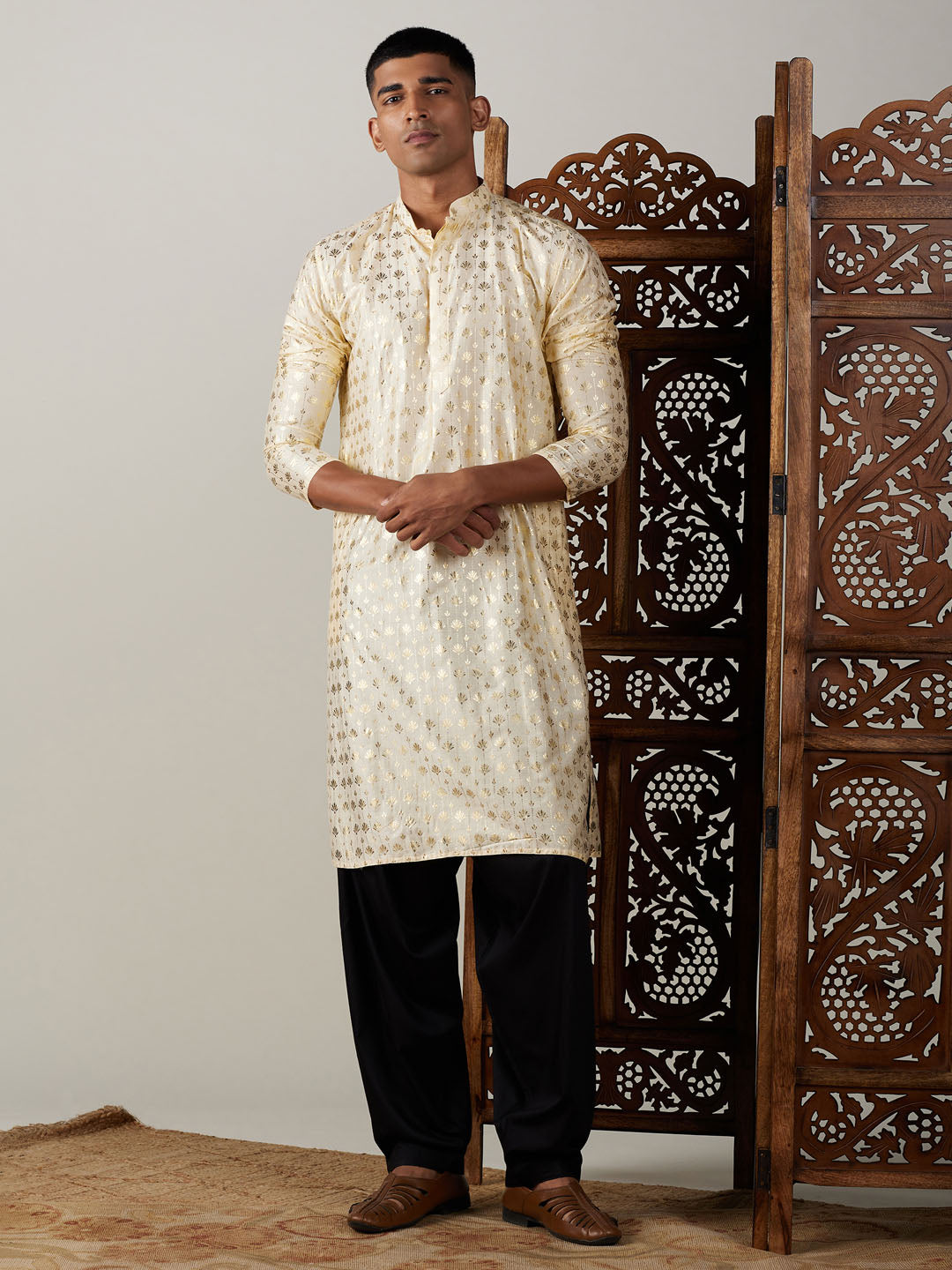 VASTRAMAY Men's Gold Foil Printed Kurta With Black Patiala Set, traditional Indian ethnic wear for men