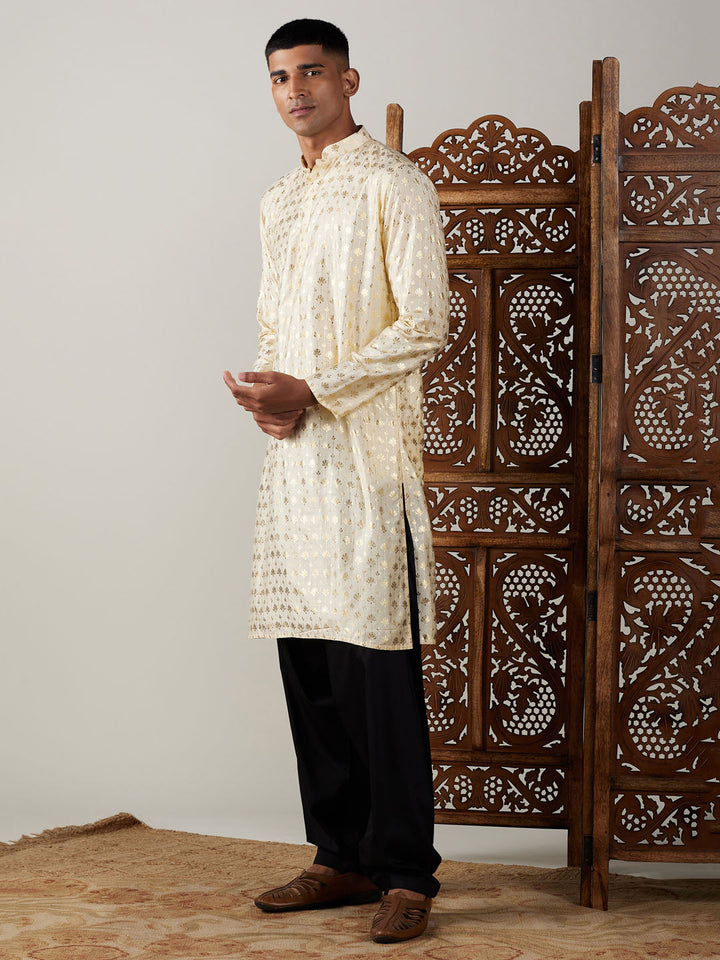 VASTRAMAY Men's Gold Foil Printed Kurta With Black Patiala Set 