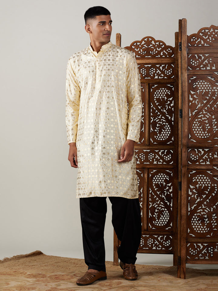 VASTRAMAY Men's Gold Foil Printed Kurta With Black Patiala Set, traditional Indian outfit for men, featuring intricate foil print detailing and matching Patiala bottoms