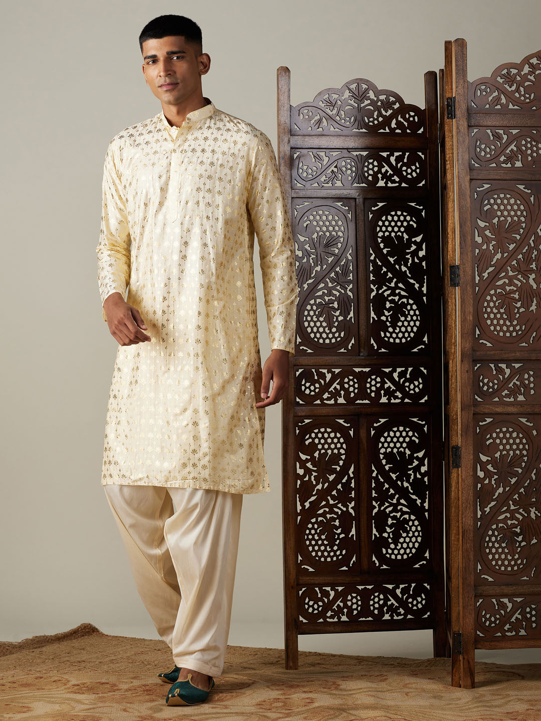  Detailed gold foil printing on high-quality men's kurta