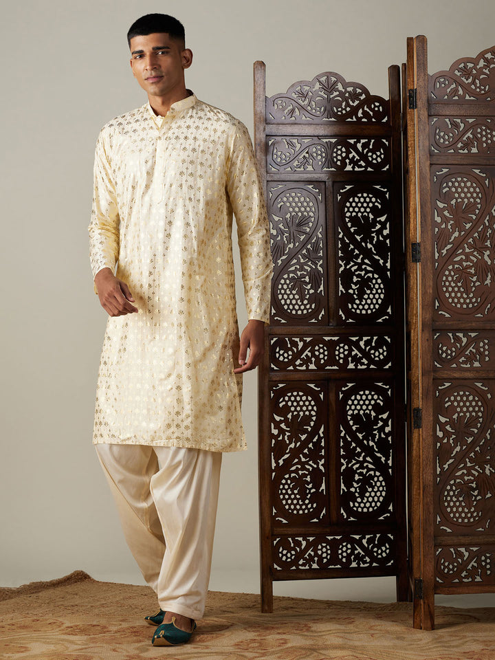 VASTRAMAY Men's Gold Foil Printed Kurta With Cream Patiala Set