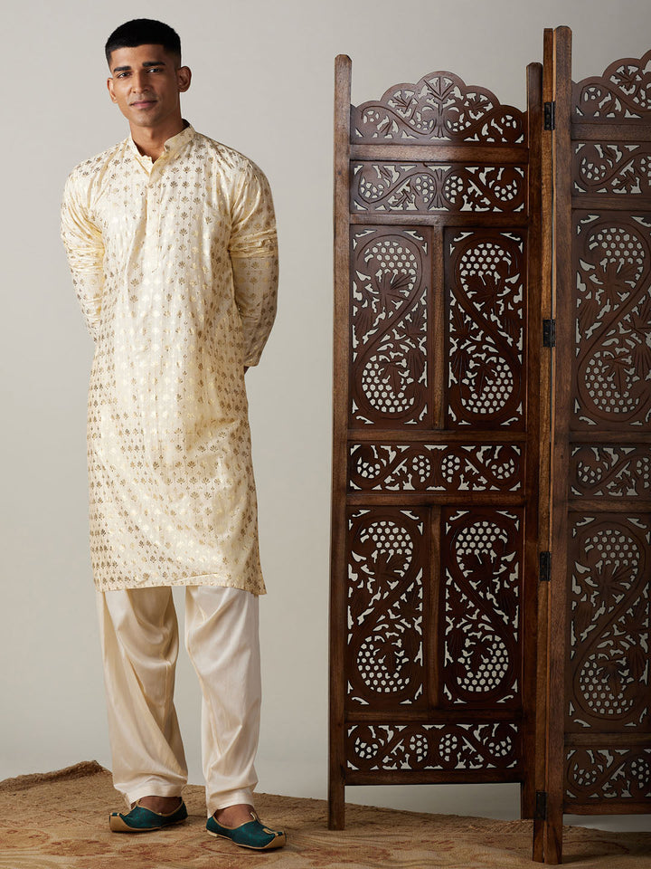 VASTRAMAY Men's Gold Foil Printed Kurta With Cream Patiala Set, traditional Indian outfit