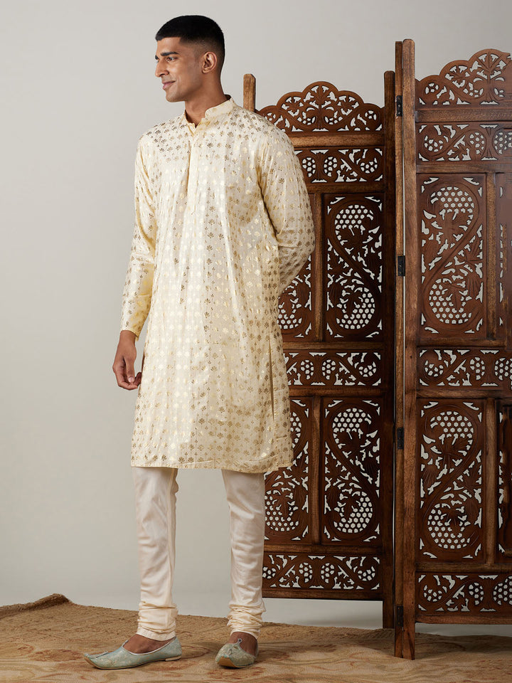 VASTRAMAY Men's Gold Foil Printed Kurta With Cream Pyjama Set, traditional Indian ethnic wear for men