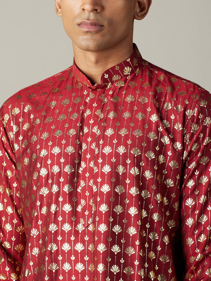 VASTRAMAY Men's Maroon Foil Printed Kurta