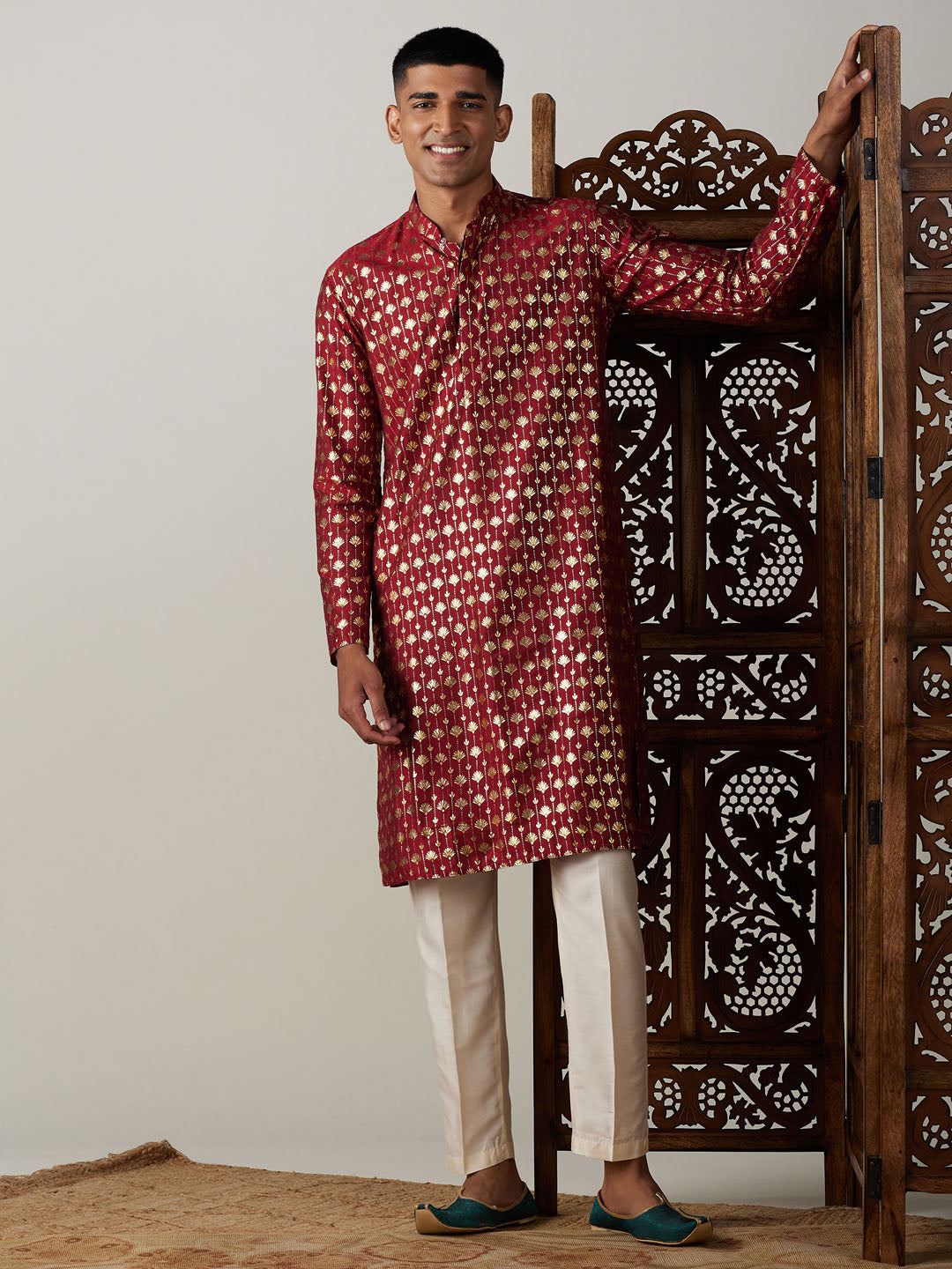 VASTRAMAY Men's Maroon Foil Printed Kurta With Cream Pant Style Pyjama Set