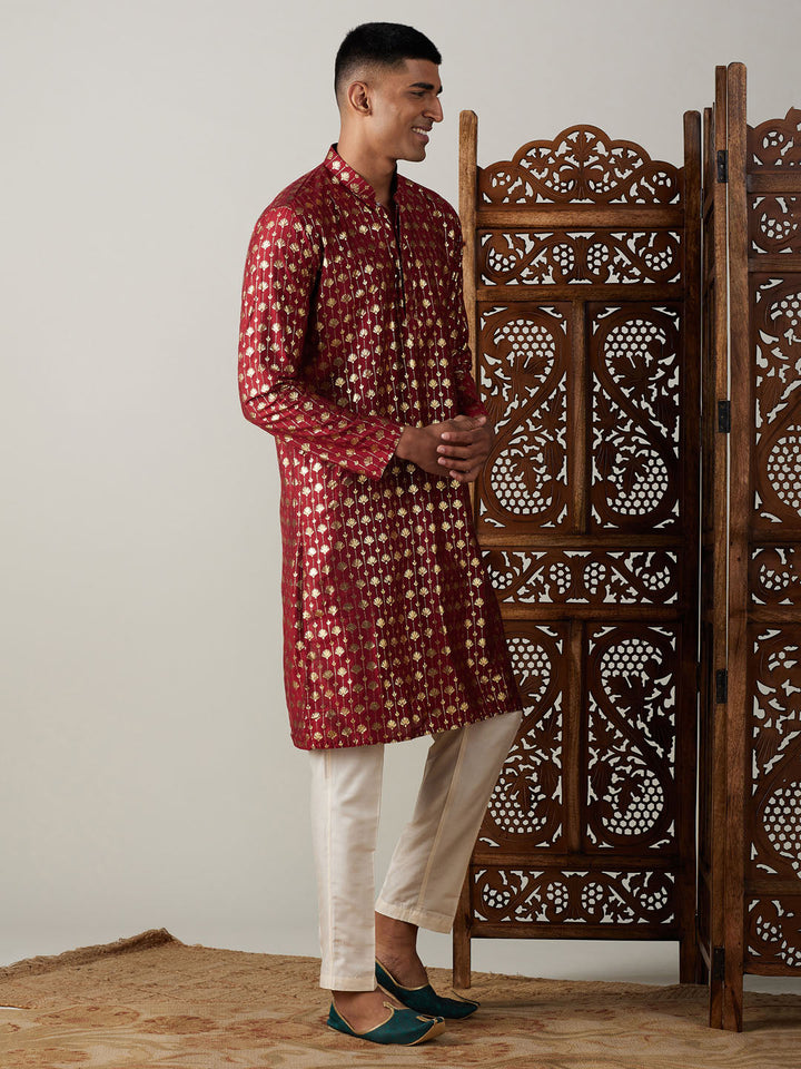 VASTRAMAY Men's Maroon Foil Printed Kurta With Cream Pant Style Pyjama Set, perfect for traditional occasions and cultural festivities