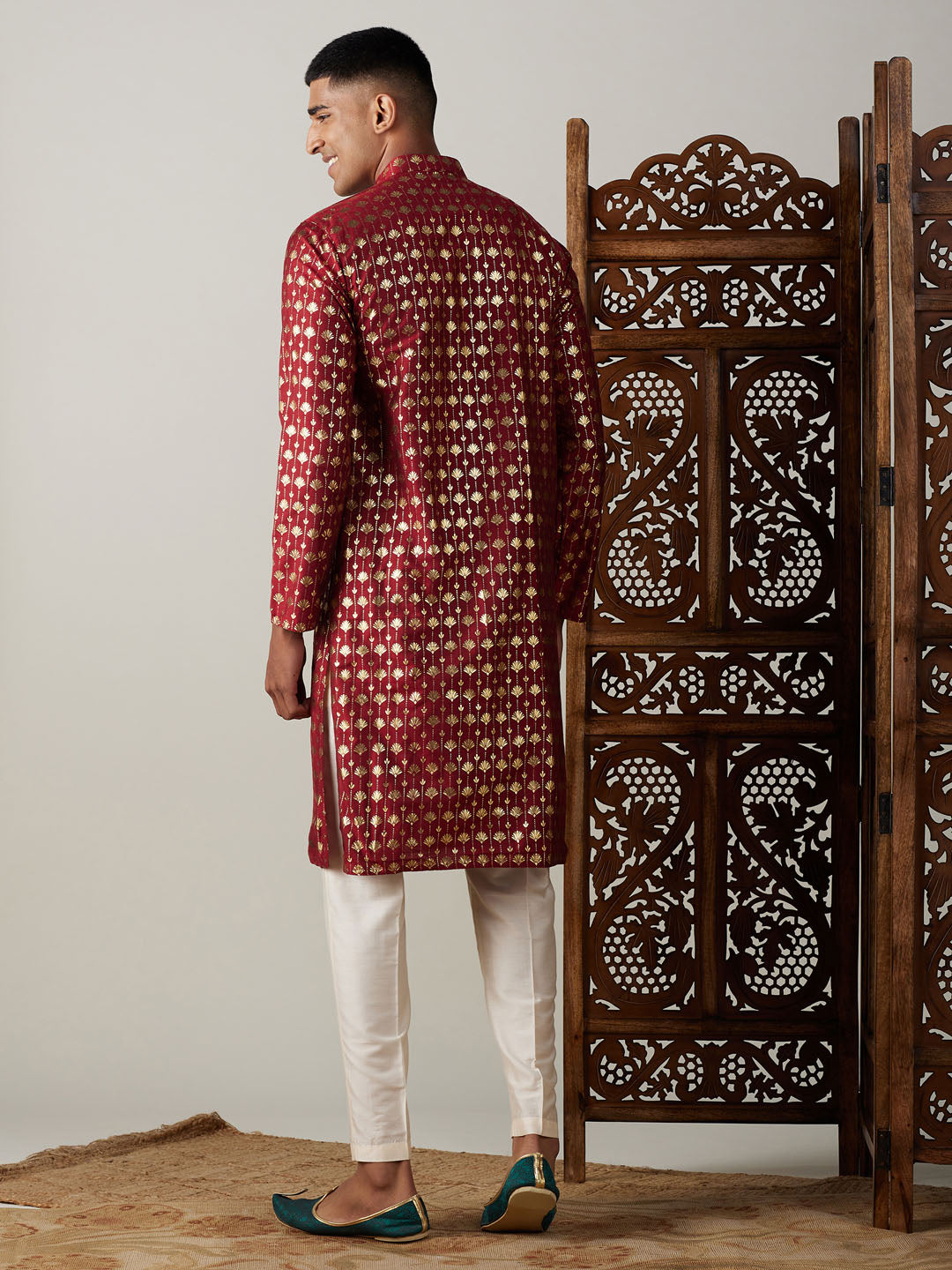 VASTRAMAY Men's Maroon Foil Printed Kurta With Cream Pant Style Pyjama Set