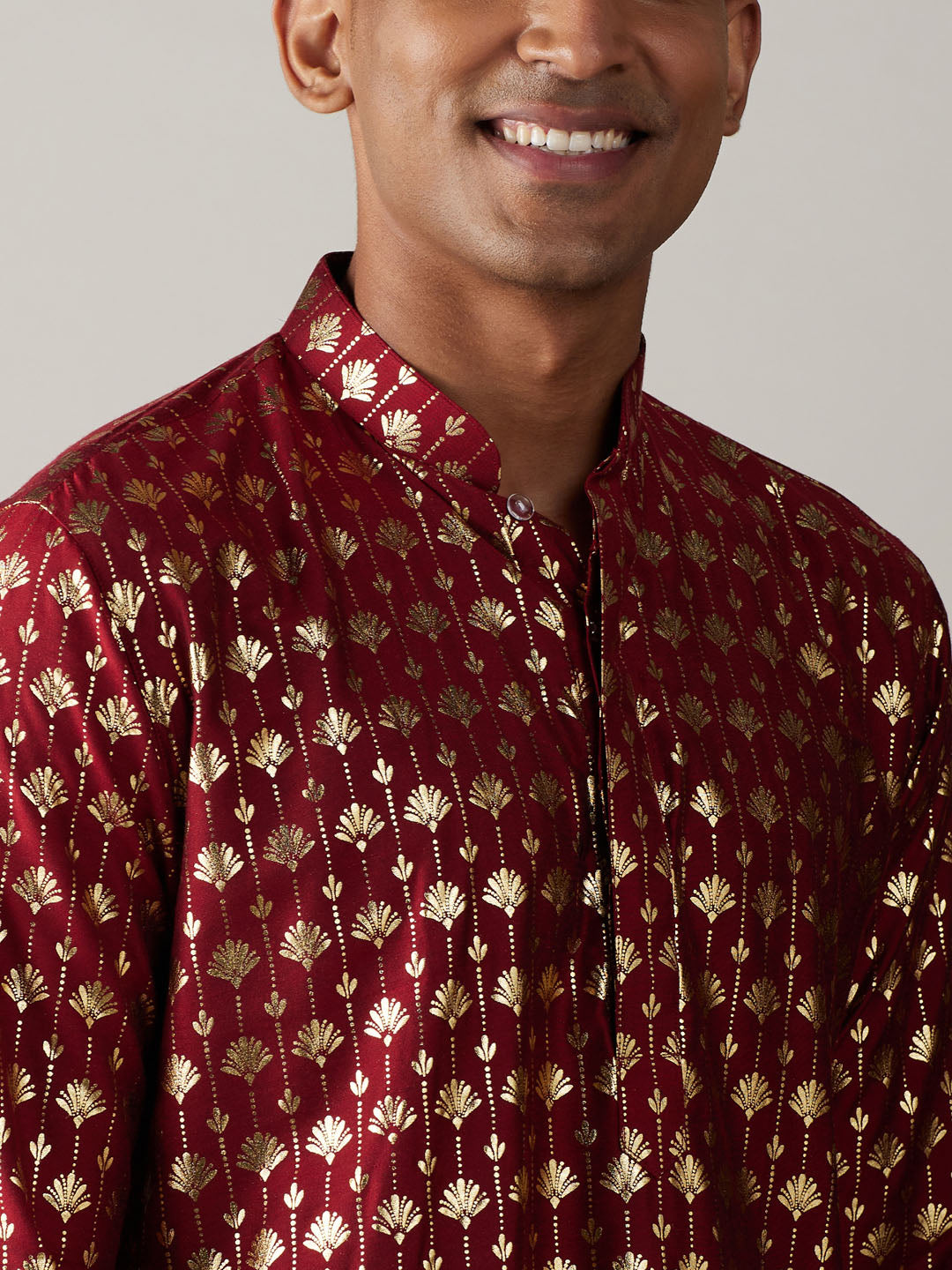 VASTRAMAY Men's Maroon Foil Printed Kurta With Cream Pant Style Pyjama Set