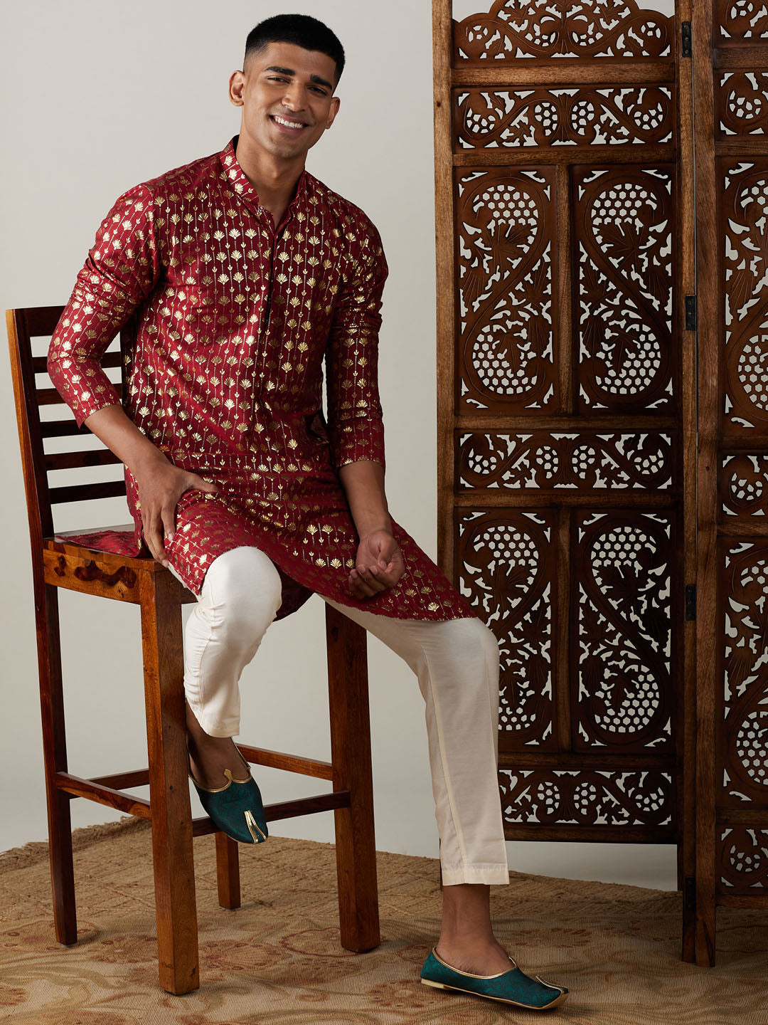 VASTRAMAY Men's Maroon Foil Printed Kurta With Cream Pant Style Pyjama Set