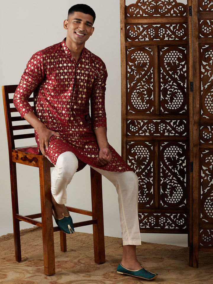 VASTRAMAY Men's Maroon Foil Printed Kurta With Cream Pant Style Pyjama Set, traditional Indian ethnic wear for men