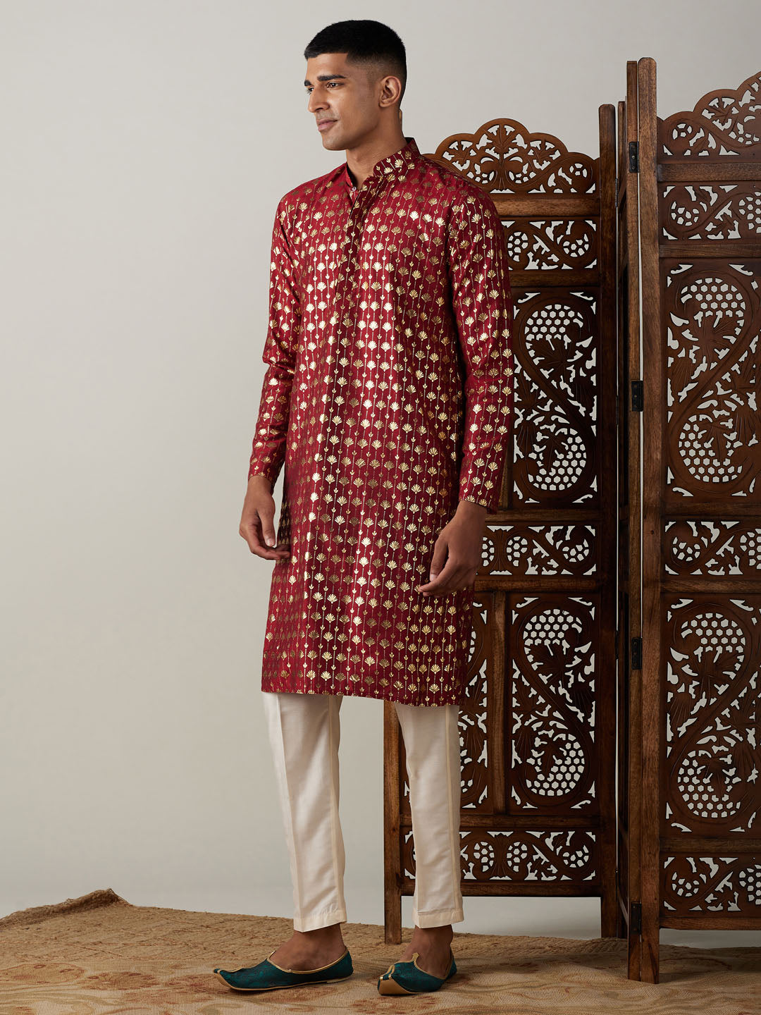 VASTRAMAY Men's Maroon Foil Printed Kurta With Cream Pant Style Pyjama Set