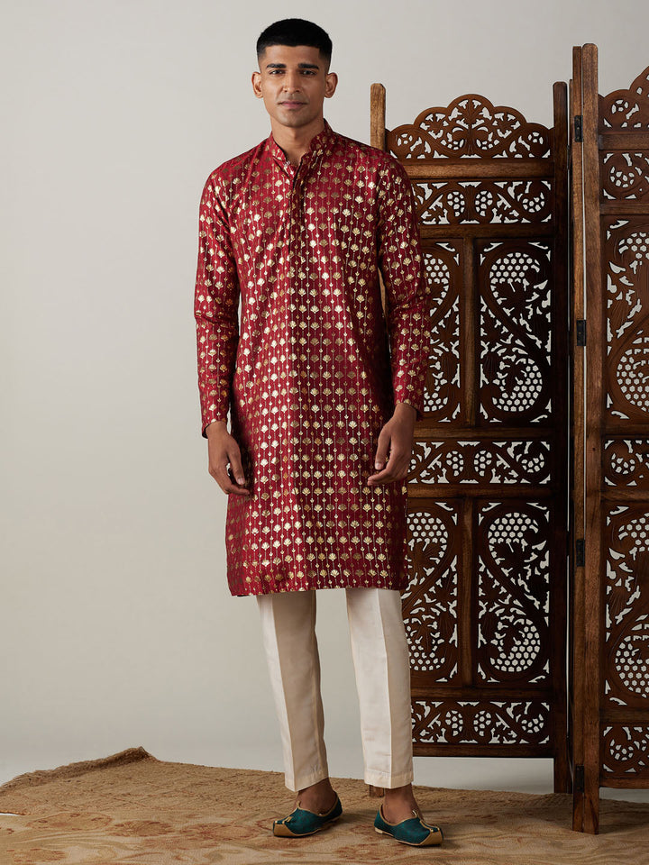 VASTRAMAY Men's Maroon Foil Printed Kurta With Cream Pant Style Pyjama Set, perfect for traditional Indian occasions and events