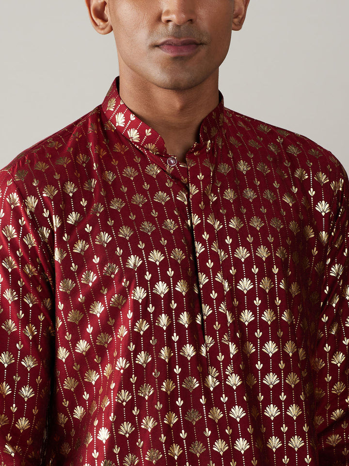 VASTRAMAY Men's Maroon Foil Printed Kurta with Black Patiala Set - Traditional Indian ethnic wear for men with intricate foil printing and matching bottom