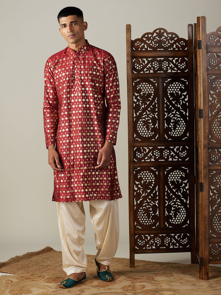 VASTRAMAY Men's Maroon Foil Printed Kurta With Cream Patiala Set