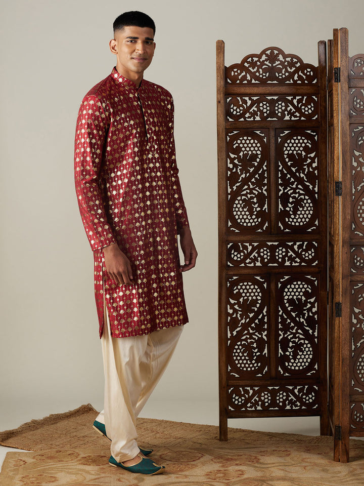 VASTRAMAY Men's Maroon Foil Printed Kurta With Cream Patiala Set