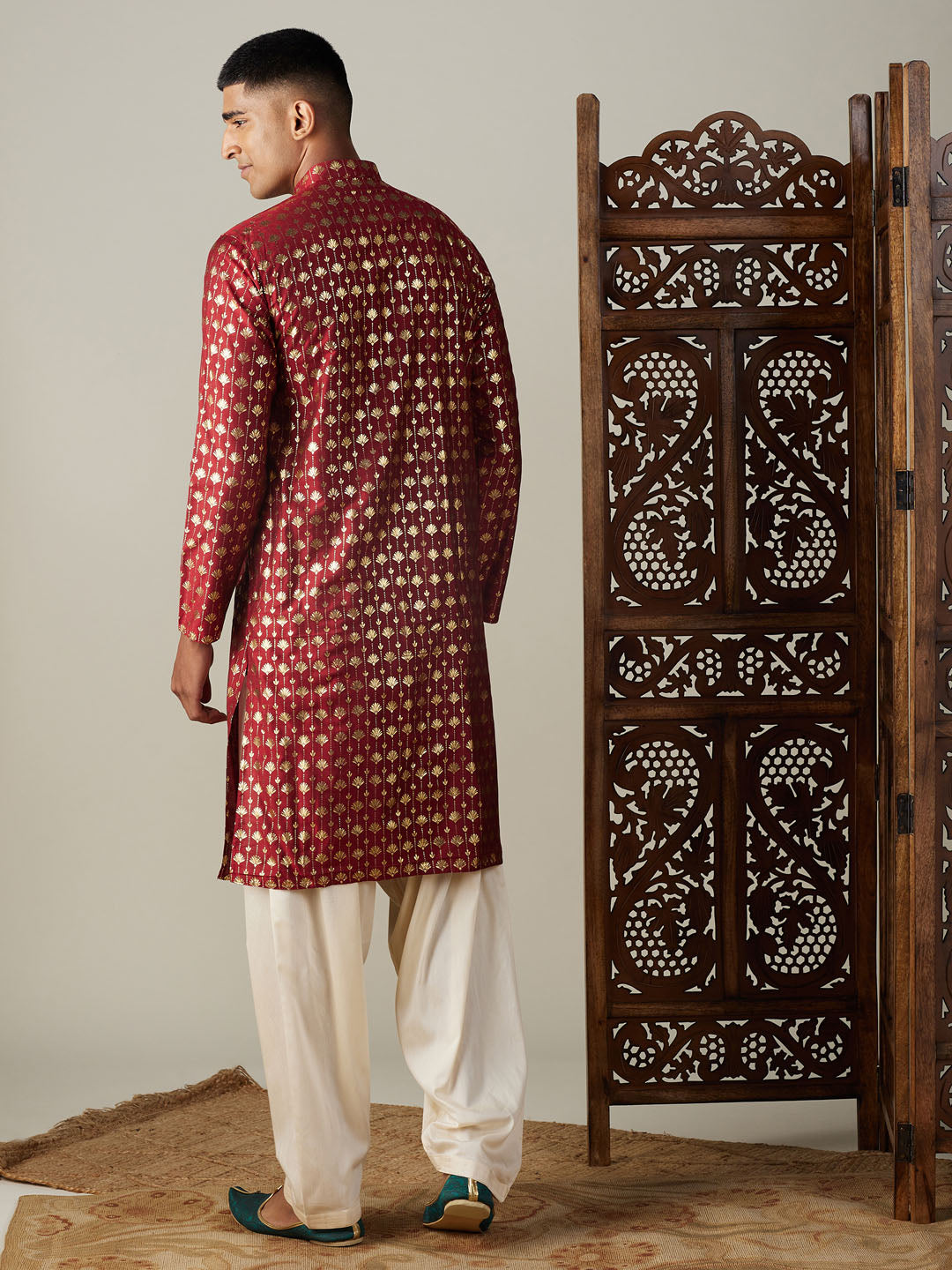 VASTRAMAY Men's Maroon Foil Printed Kurta With Cream Patiala Set