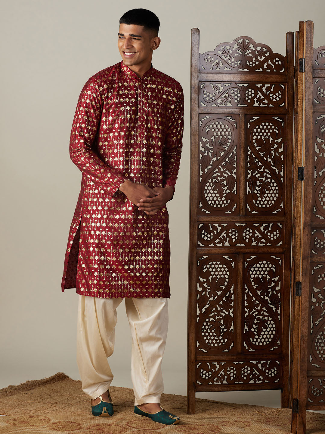 VASTRAMAY Men's Maroon Foil Printed Kurta With Cream Patiala Set