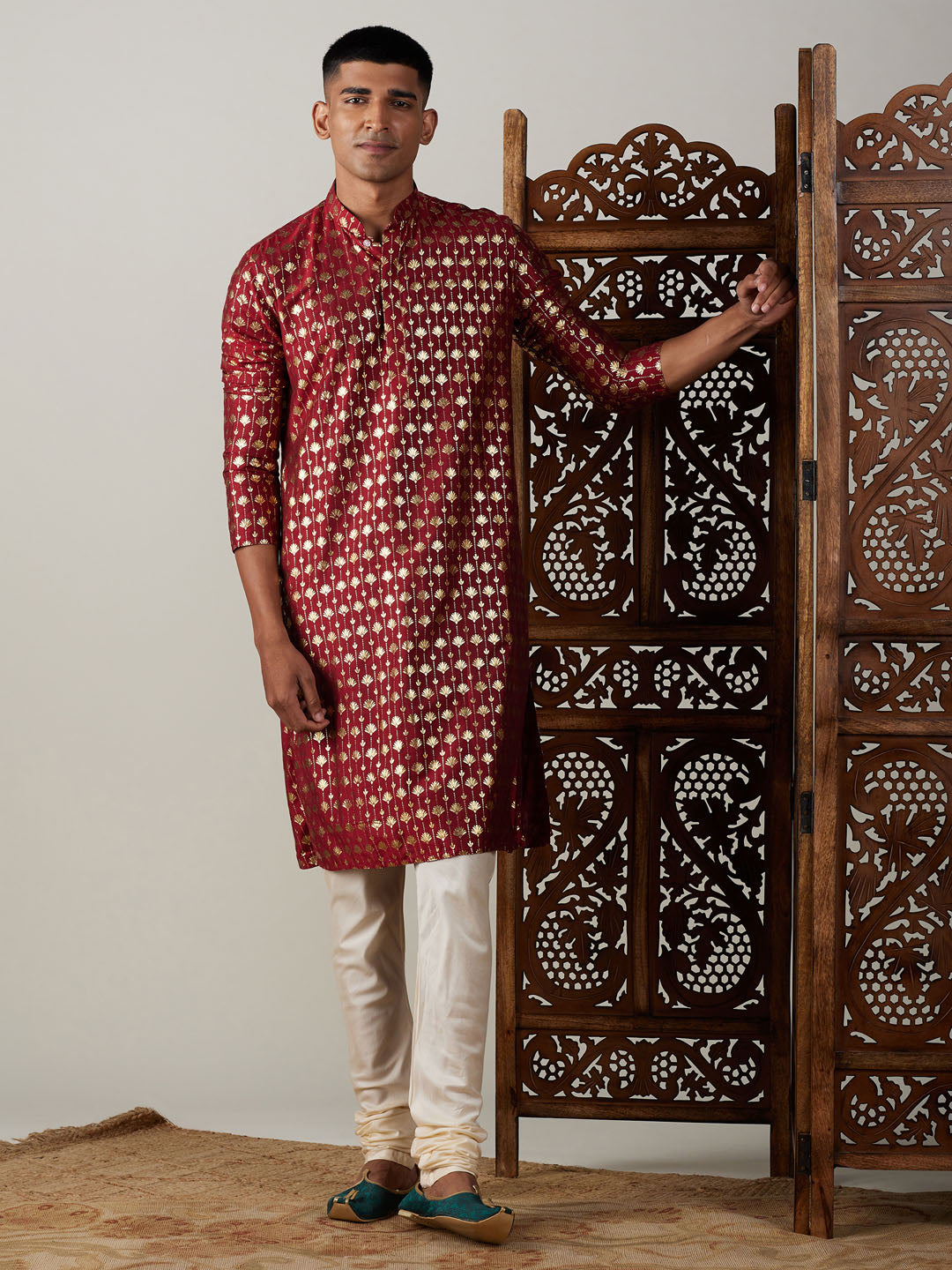 VASTRAMAY Men's Maroon Foil Printed Kurta With Cream Pyjama Set, traditional Indian outfit with intricate foil print design