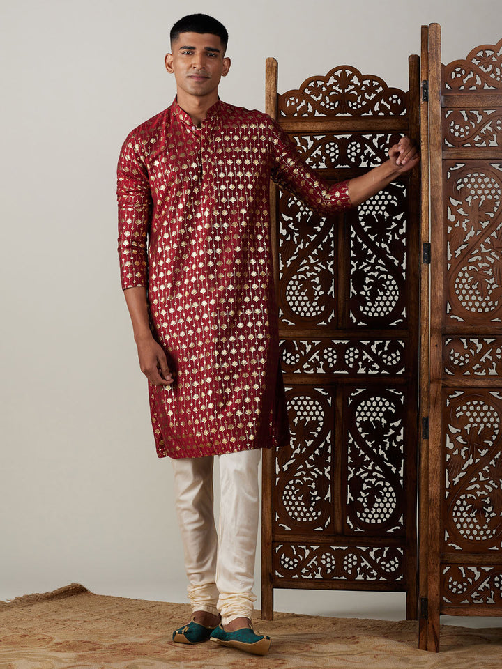 VASTRAMAY Men's Maroon Foil Printed Kurta With Cream Pyjama Set, traditional Indian outfit with intricate foil print design